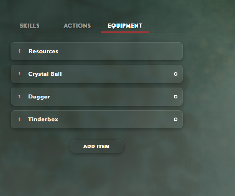 Alchemy's Vaesen character sheet equipment listing. Four items are listed: Resources, Crystal Ball, Dagger, and Tinderbox.
