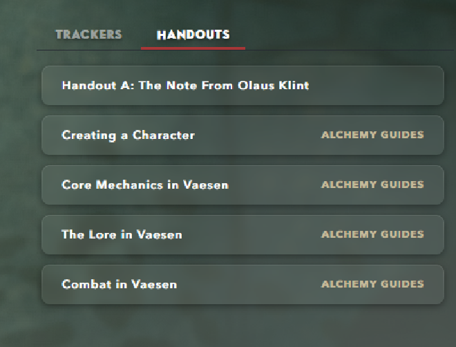 Alchemy's Vaesen handouts interface. Five entries are shown: A Note From Olaus Klint, Creating a Character, Core Mechanics in Vaesen, The Lore in Vaesen, and Combat in Vaesen.